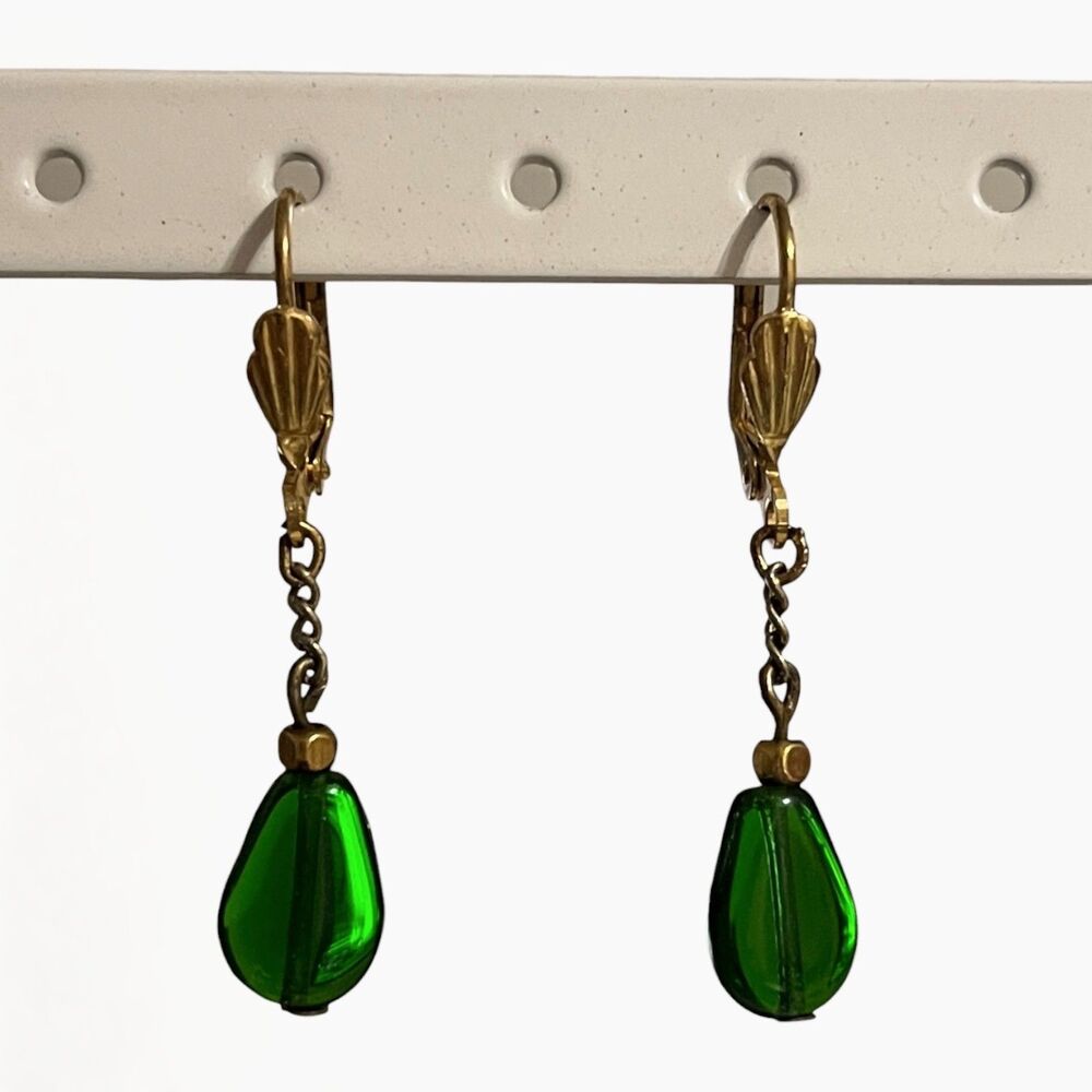 Vintage Lever Back Earrings Green Glass Stone Dangle Gold Tone Retro Pierced